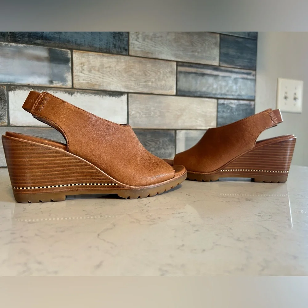 Sorel Nadia Camel Brown Leather Slingbacks Wedge Heeled Sandals - Picture 4 of 14